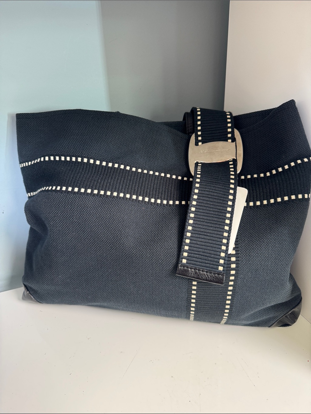 Canvas Weekend Tote Bag In Black With White Stitching